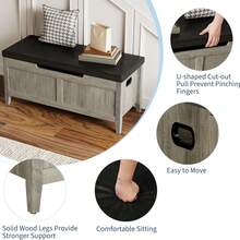 Banco de almacenamiento de 39,4 pulgadas con cojín y 2 bisagras de, caja de almacenamiento de pecho de madera, bancos de zapatos de entrada con Flip-Top, maletero grande para sala de estar, dormitorio, fácil montaje - Gris - Ver 9