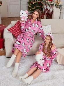 Sanrio Girls   Plush Warm Sleepwear, Casual Loose 2 Pieces Set, Suitable For Spring, Autumn And Winter