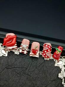 DUCK Nails: Cute Baroque Nail Art Look With 10pcs Y2K Shinning Metallic Duck Nails Acrylic Handmade Press On Nails French Tip Pink Nails Purple Nails Blue Nails Black Nails Red Nails With 3D Diamonds Butterfly Bow Love Handpaint Flowers Hexagram Waterdrops Ripples For Chiristmas Parties Or Holiday Suittable For Girls Or Women Wear With Free Gel Sticker Nail File. - Red - View 4