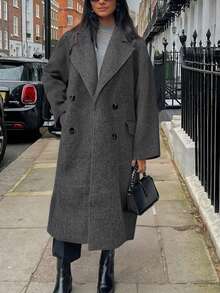 Plus Size Women's Elegant Solid Color Long Sleeve Pocket Woolen Trench Coat, Double-Breasted Wool Overcoat, Christmas Women's Clothing, Elegant Women's Blouses