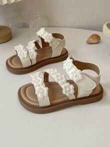 2026 New Girls Lace Flower Decor Sandals, Comfortable Material, Non-Slip And Durable, Open Toe Design, Multi-Strap Flat, Fresh And Elegant Style, Suitable For Summer Outings, Daily Wear And School - Beige - View 6