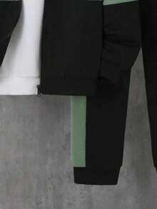 Young Boy Letter Graphic Contrast Color Hoodie Jacket And Sweatpants Casual Outfit - Green - View 4