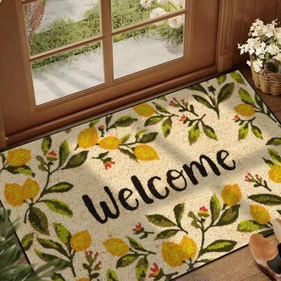 1pc Spring Lemon Leaf "Welcome" Pattern Doormat, Farmhouse Style Polyester Fiber Washable Rug For Living Room, Kitchen, Bedroom, Entryway, Home Decor, Suitable For All Seasons