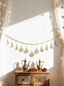 一套木质月亮星星挂饰，波西米亚风格墙饰，镂空雕刻设计，手工天然木珠，乡村农舍风格，编织挂饰，北欧简约波西米亚风墙饰，优雅家居装饰，适用于客厅、卧室、壁炉、玄关、咖啡厅角落、节日派对装饰 - 彩色 - 查看 2