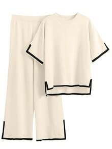Women's Plus Size 2 Piece Summer Travel Lounge Set Short Sleeve Pullover Top & Wide Leg Pants - Apricot - View 5