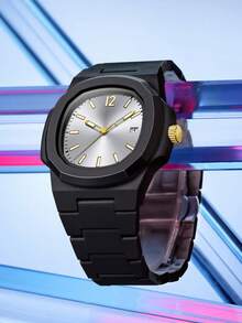 TOMI 高端简约商务男士腕表礼盒套装，哑光油塑表带条纹表盘石英表，时尚男士腕表套装，适合日常生活、节日送礼、父亲节、圣诞节等场合。 - 黑色 - 查看 1