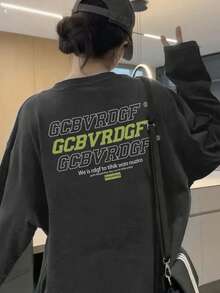 女士简约纯色深灰色打底衫，宽松百搭，适合日常、居家、通勤、街头穿着，Y2K风格，双面撞色字母印花圆领长袖上衣 - 深灰色 - 查看 2