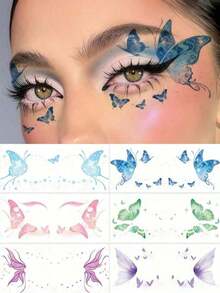 6 Sheets Colorful Butterfly Tattoos Waterproof Temporary Glitter Eye Tattoos Stickers For Halloween Valentine's Day Festival Party Prom Date Makeup Accessories - Nhiều màu - Xem 9
