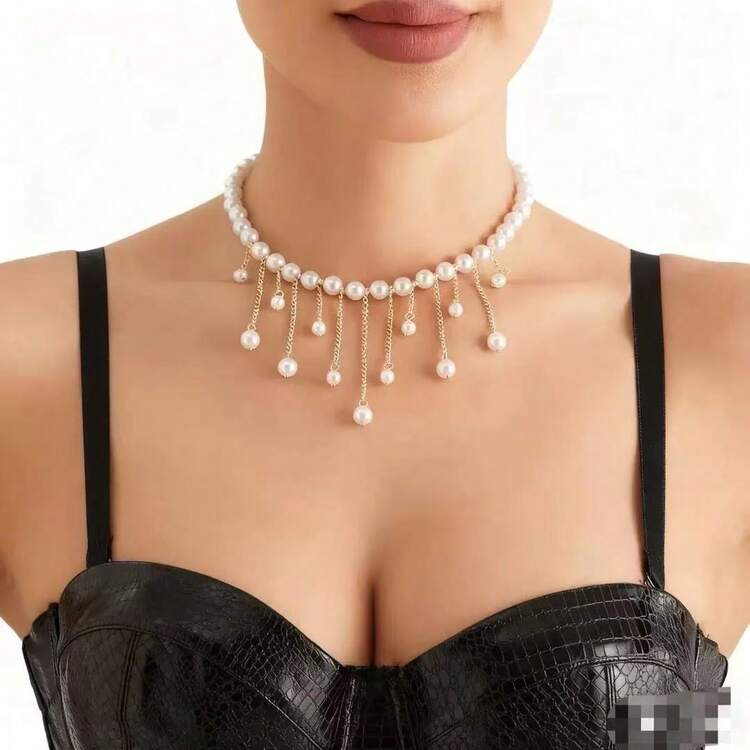 Elegant Fairycore Handmade Beaded Necklace For Women - Long Tassel Chain Dainty Neckpiece - Gold - View 3