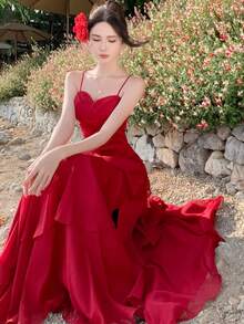 Spring/Summer Elegant Red Spaghetti Strap Dress French Chic Asymmetrical Ruffles Waist Slimming A-Line Dresses Suitable For Valentine's Day, Party & Wedding Guest - Red - View 5