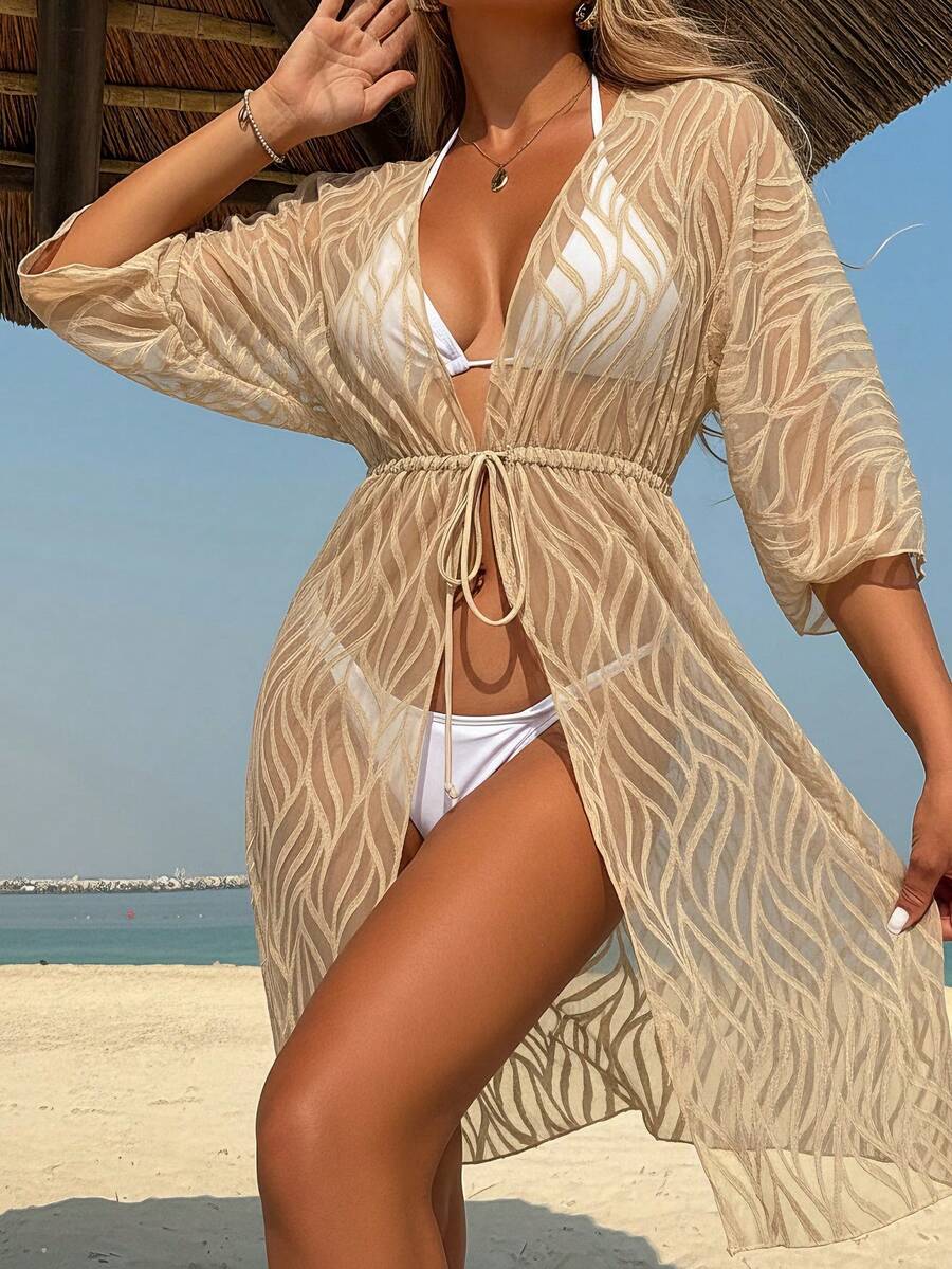 女士纯色提花露肩长袖沙滩罩衫，带抽绳腰带，适合夏季度假穿着 - 咖啡棕 - 查看 1