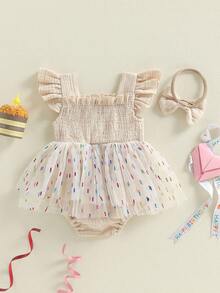 Baby Girl 1st Birthday Clothes One Year Old Tulle Romper Flying Sleeve Bodysuit Cake Smash Outfits - 卡其色 - 查看 5