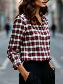 Women's Plaid Long Sleeve Shirt Collar Blouse, Red & White Checkered, Regular Fit, Non-Stretch Polyester Top - Burgundy - View 4