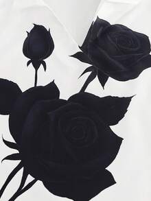 女士时尚玫瑰花印花立领七分袖宽松休闲衬衫，适合办公室/度假穿着 - 白色 - 查看 5