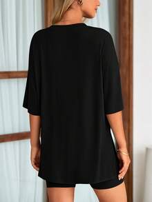 PRETTYGARDEN Women's Summer Clothes 2 Piece Sets Lounge Set Casual Oversized Shirts Biker Shorts Matching Airport Travel Sweatsuit Set Women Vacation Outfit Black Summer Brunch Outfits For Women - 黑色 - 查看 2