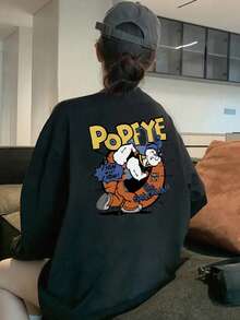 女士简约纯黑色叠穿长袖宽松百搭休闲日常通勤街头Y2K撞色字母卡通水手可爱双面印花罗纹长袖上衣T恤 - 黑色 - 查看 2