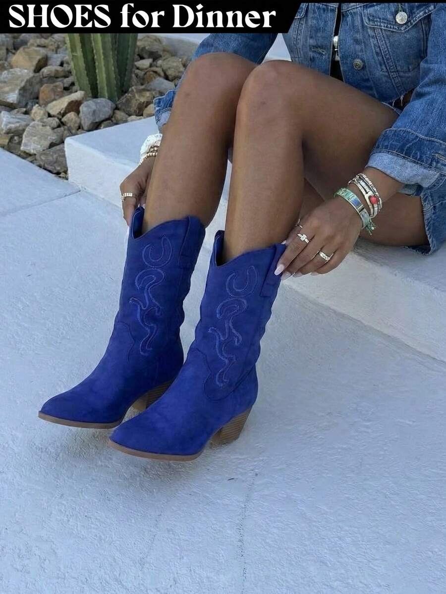 Women Western Cowboy Boots – Embroidered Mid-Calf Chunky Heel Cowgirl Boots With Side Zipper Stylish Comfortable Suede Fall/Winter Boots For Country Concert, Rodeo, Nashville Trip, Festival & Daily Wear [Size Up Half Size] - 藍色 - 查看 1