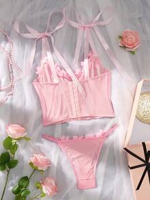 情人节性感内衣套装（两件套），粉色蕾丝文胸饰有夸张的花卉图案，薄纱网眼文胸，适合私人派对、夜店、卧室、约会、情侣礼物