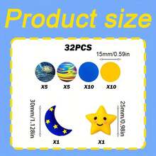 32/42颗卡通日月星硅胶珠套装 - 黄色太阳星星藏蓝色月亮设计 - 非常适合DIY手工制作钥匙扣、项链、手链、装饰笔、珠宝和吊坠 - 适合返校季、万圣节、圣诞节、节日礼物、生日礼物 - 太陽星星月亮 - 查看 5