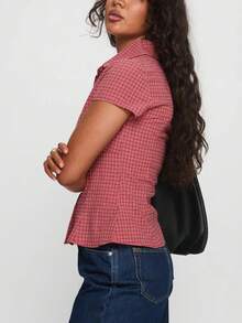 Women's Y2K Plaid Shirt Button-Up Short Sleeve Collared Slim Fit Casual Summer Blouse Tops - 珊瑚紅色 - 查看 4