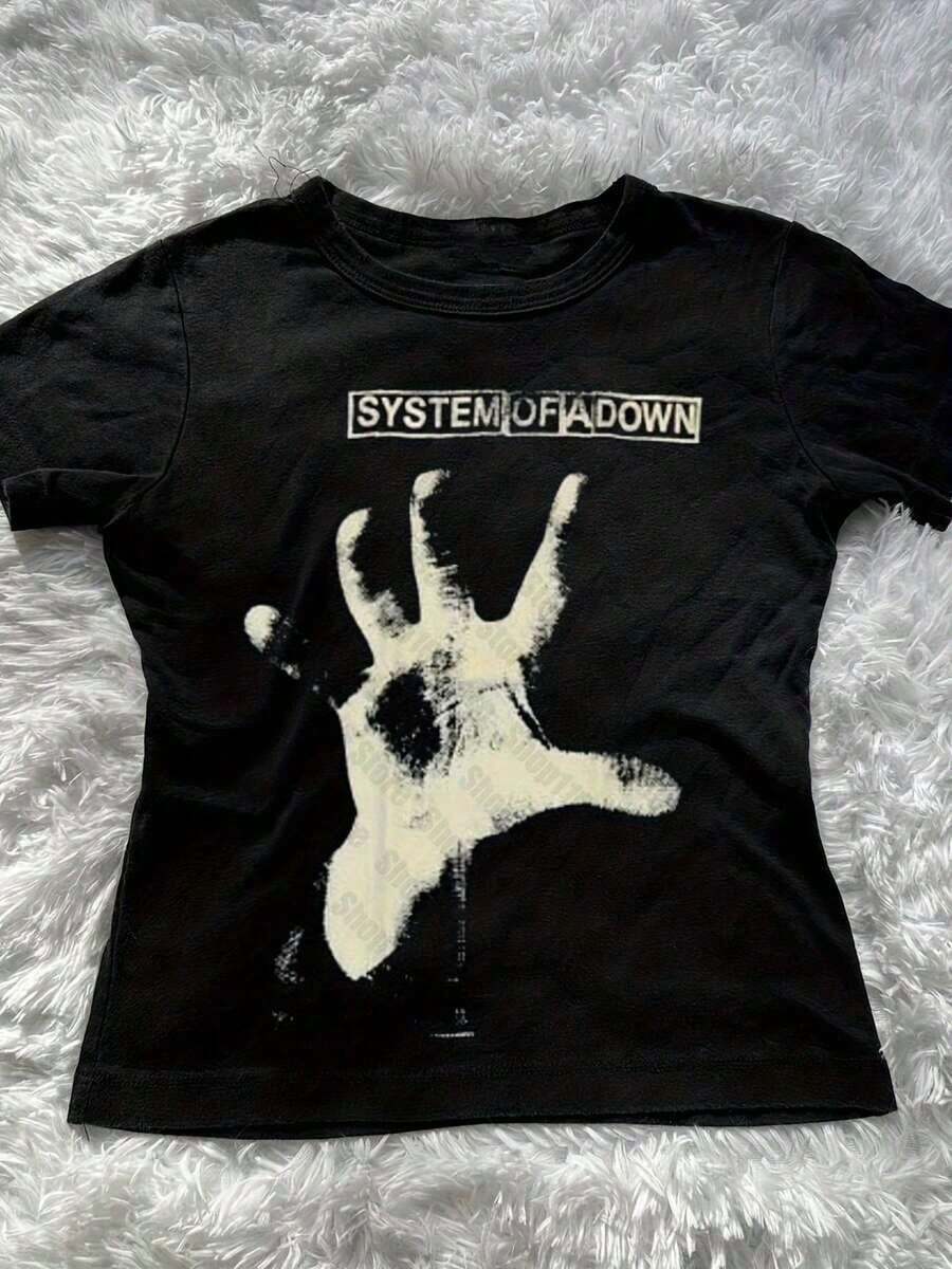 Grunge Y2K Emo Gothic T-Shirt - SYSTEM OF A Distressed Graphic Print With White Hand Design, Regular Fit Short Sleeve Round Neck Casual Streetwear Top, Graphic Tees - 黑色 - 查看 1