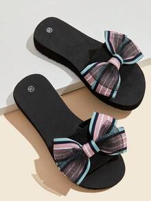 女士蝴蝶结装饰休闲平底鞋 - 后跟系带 EVA 鞋底，圆头套脚凉鞋，织物内里，亚麻鞋面，中跟，四季皆宜 - 可手洗 - 彩色 - 查看 5