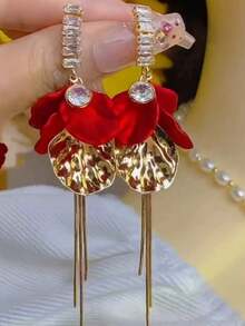 1 Pair European And American Classic Versatile Fashion Metal Red Petal Micro-Inlaid Zirconia Earrings, Stylish New Year Elegant Tassel Flower Earrings For Women - Multicolor - View 4