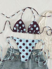 女士可爱波点露背挂脖比基尼套装，侧系带丁字裤，中等弹力泳装，适合度假海滩 - 棕色 - 查看 5