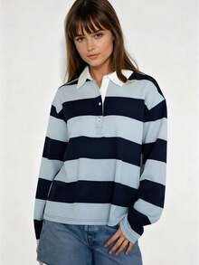 Women Striped Polo Rugby Shirts Y2k Long Sleeve Button Down Oversized Preppy Sweatshirt Vintage Collared Pullover Top - Blue - View 1
