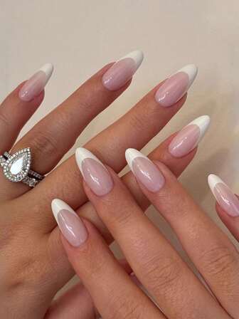 24pcs Almond Nails Acrylic Press On Nails, Classic White French Tip Press On Fake Nails Light Pink Nails For Nails Supplies Art. Includes: 1pc Jelly Glue And 1pc Nail File, Suitable For Daily Work, Holiday Parties, And Other Occasions For Women Girls.