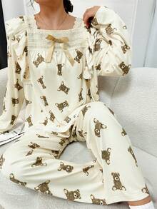 2 piezas Conjunto de pijama para mujer, parte superior de manga larga con estampado de oso lindo y lazo, pantalones cómodos con estampado de oso, adecuado para uso casual en primavera/otoño - Albaricoque - Ver 7