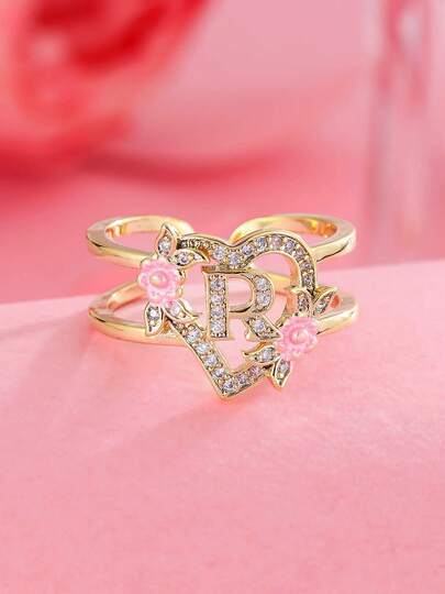 Anillo ajustable con forma de corazón y letra personalizada, chapado en oro y con circonita cúbica. Elegante y exquisito, ideal para uso diario, fiestas de moda, reuniones y un regalo perfecto para el Día de San Valentín o joyería personalizada para mujeres y niñas.