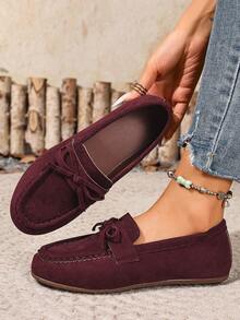 Women's Flat Fringe Loafers, 2025 New Solid Color Suede Bow Soft Bottom Slip-On Flat Shoes For Women - Burgundy - View 3