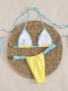 Bộ bikini tam giác siêu nhỏ màu trơn mới, kiểu dáng thanh lịch, buộc dây cổ, thích hợp cho mùa hè đi biển và du lịch. - Vàng xanh - Xem 3