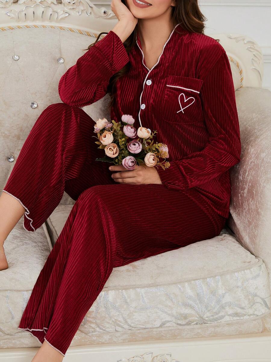 2pcs Women Luxury Striped Sleepwear Set, V-Neck Cardigan Long Sleeve Top And Long Pants, Spring/Autumn - Red - View 1