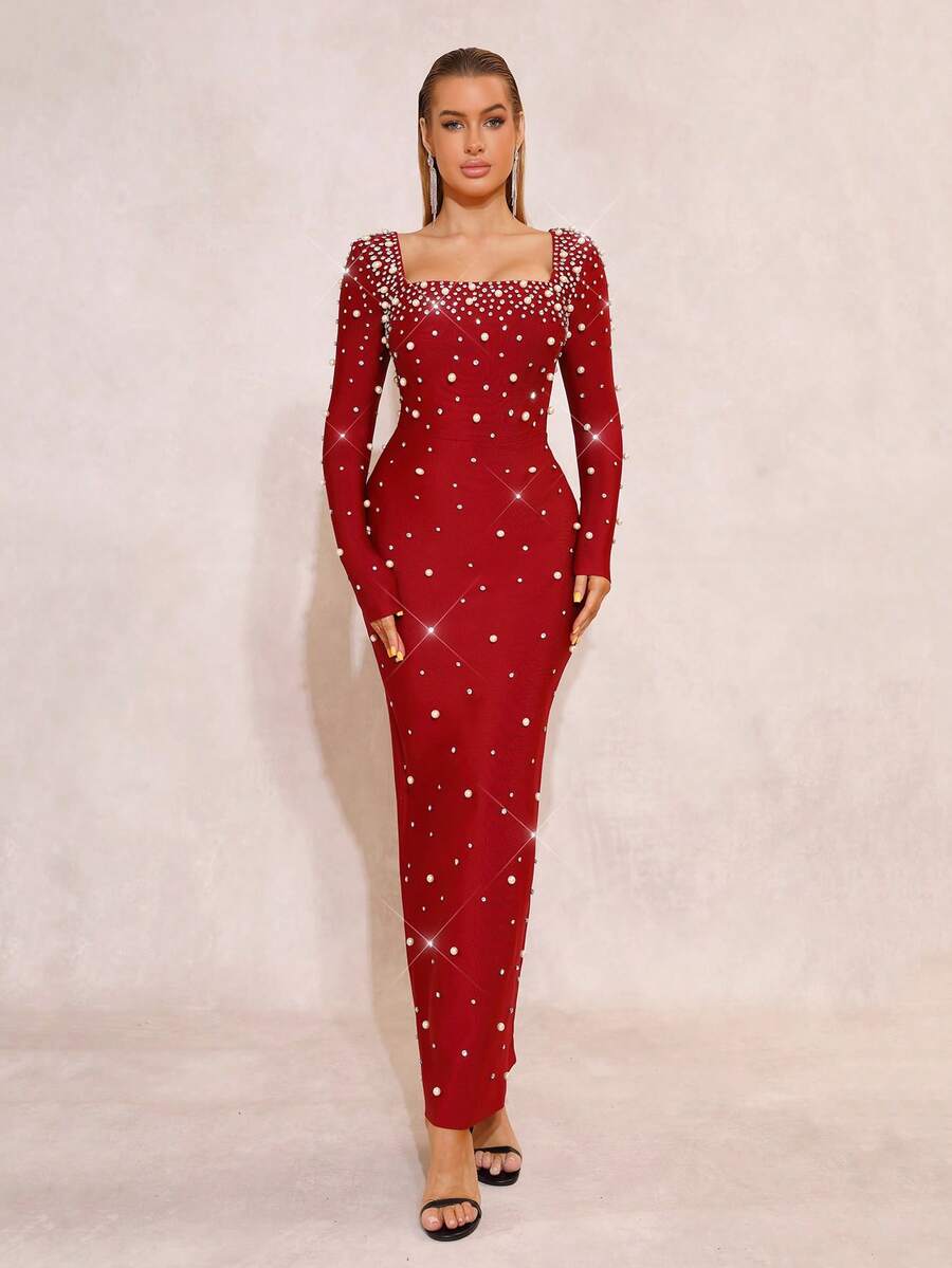 New Fashionable Bandage With High-End Texture, Heavy-Duty Hot Stamping Handmade Nail Beads Sexy Square Neck Gowns Formal Dinner Birthday Party Gowns - Burgundy - View 1