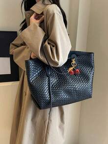 Women's Multifunctional Solid Color Woven Pattern PU Leather Handbag, Minimalist Large Capacity Top Handle Shoulder Bag, Casual Lightweight Commuter Tote Bag, Suitable For Daily Office, Fashionable Waterproof Square Outdoor Travel Shopping Crossbody Bag - Black - View 4