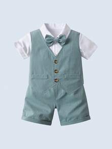 BOARNSEORL 2pcs Young Boys Gentleman Outfit - Mint Green Vest Top With Shirt & Bow Tie, Shorts, Stylish Formal Attire Suitable For Baby Shower, Birthday Party, Wedding, Ring Bearer - Blue - View 3
