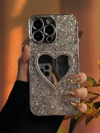 奢华闪亮银色亮片手机壳，带心形镜面，兼容 17 Pro Max/17 Pro/17 Air/17/16 Pro Max/16 Pro/16/16 Plus/15/15 Pro Max/15 Pro/15 Plus/11/12/13/14 Pro Max/11 Pro/11 Pro Max/12 Pro/12 Pro Max/13 Pro/13 Pro Max/14 Pro/14 Pro Max，全包防摔，简约创意心形硬壳，亚克力材质