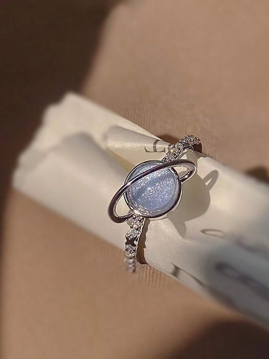 Fashionable And Beautiful Planet Copper Micro Inlaid Temperament Open Ring, - Silver - View 1