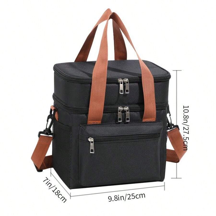Cooler Bag, Picnic Bag, Insulated Bag, Lunch Bag For On The Go, Double-Decker Thermal Bag For Men And Women, Foldable Insulated Lunch Bag, Portable Lunch Box, Reusable Lunch Box For Men And Women With Shoulder Strap, Lunch Bag With Powerful Cooling Performance. Waterproof, Foldable Cooler Bag For School/Work/Outdoors - 黑色 - 查看 1
