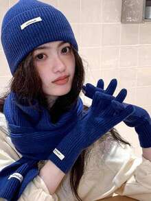 1 Set Solid Color Casual Acrylic Beanie, Scarf & Gloves 3 Pieces Set, Autumn/Winter Cold Weather Outfit Women Valentines Gift - Multicolor - View 4