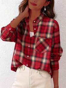 Camisa casual de mujer de manga larga con botones delanteros y bolsillo a cuadros - Rojo - Ver 3