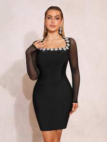 Sexy Square Neck Rhinestone Flower Design High-End Short Skirt Mesh Splicing Slim Fit Bodycon Dress Women's Party Gowns Banquet Party Gowns