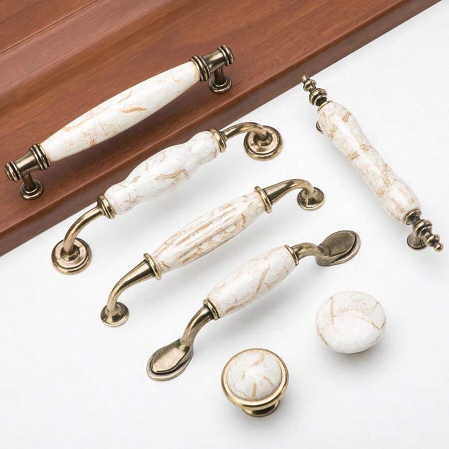 1 Stück Vintage Europäischer Stil Knauf, Marmormuster Keramik Schrank-/Schubladengriff, luxuriöse bronzefarbene Optik, glatte Textur, geeignet für Kleiderschrank, Badezimmer, Küche, Waschtisch, amerikanischer Möbelstil - Bronze mit Steinmuster - Übersicht 1