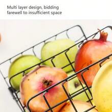 1 Piece Of 3-Layer Metal Countertop Fruit Basket With Detachable Wooden Handle - A Sturdy Kitchen Storage Organizer For Fresh Produce, Bread, And Snacks - Perfect For Home And Kitchen Display, Kitchen Fruit Basket, Bread Box, Fruit Plate, Kitchen Fruit Basket - 黑色 - 查看 7