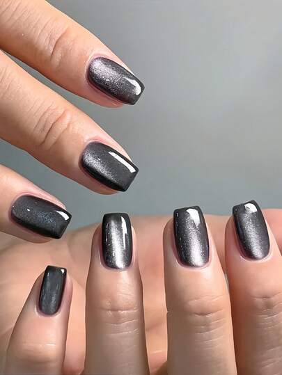 24pcs Medium Square Press-On Nails, Mysterious Vintage Dark Gray Crystal Cat Eye False Nails, Full Cover Fake Nails Set, Suitable For Office Daily Wear, For Women And Girls, Comes With Nail File And Jelly Gel, 1 Piece Manicure Kit Nail Supplies