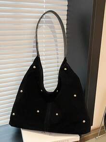 新款时尚手提包，性感女孩风格托特包，铆钉包，女士通勤个性化天鹅绒斜挎包 - 黑色 - 查看 7