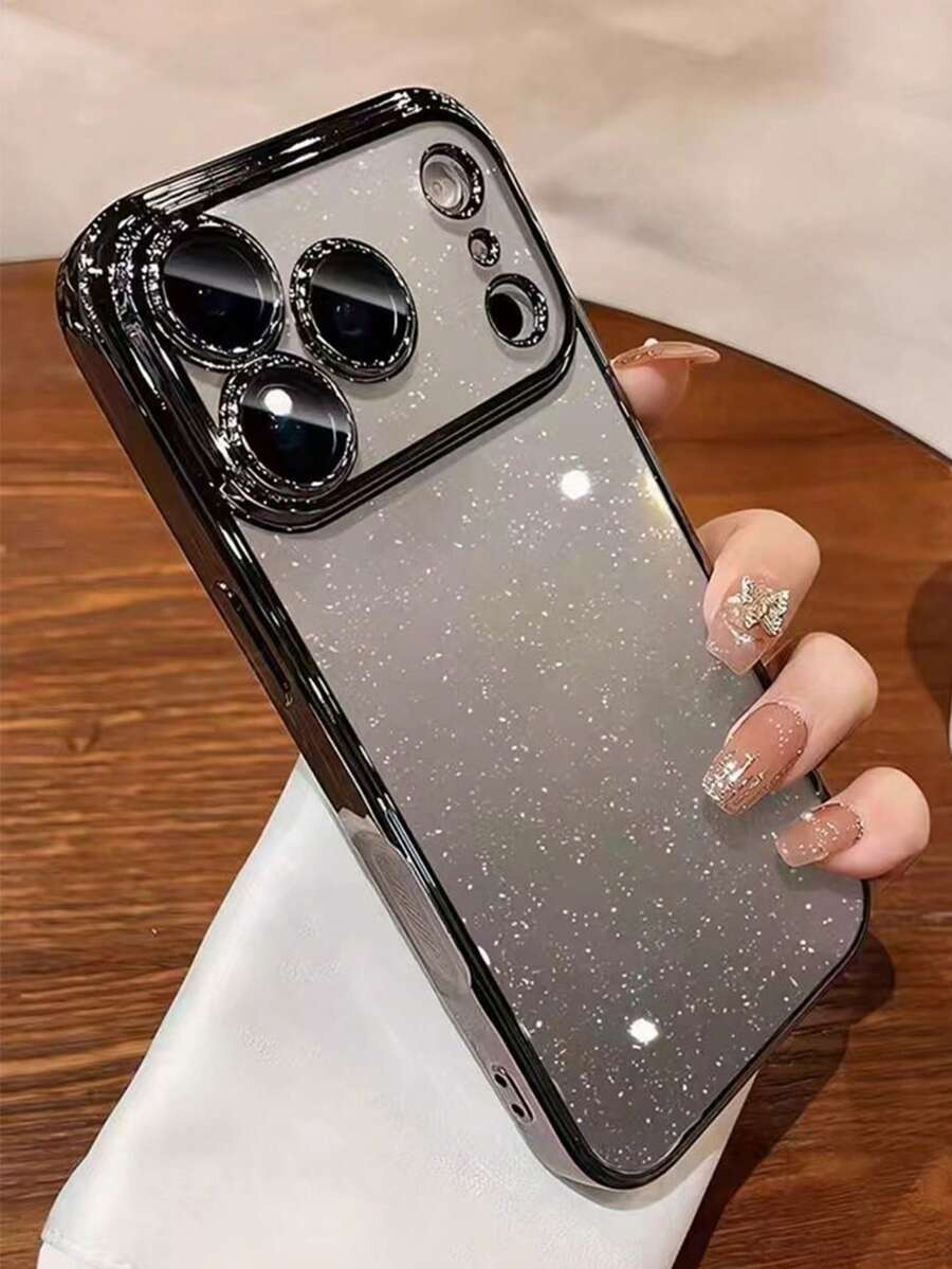 Luxury Shiny Sequin Plated TPU Transparent Phone Case, Compatible With IPhone 17 Pro Max 16 15 14 13 12 11 Pro Max, Shock-Proof Hard Back Cover - Silver - View 1