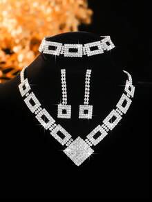 4pcs Rhinestone Embellished Sophisticated Versatile Necklace, Earrings And Bracelet Set, Suitable For Women's Daily Commute, Campus Dating, Wedding Party, Valentine's Day Holiday Gift - Silver - View 2